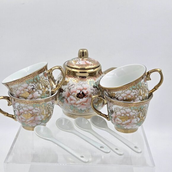 10 Piece Gift Pink Peonies Gold Accent Mini Tea Pot Set 4 Cup Spoon Metal Holder - Picture 3 of 12